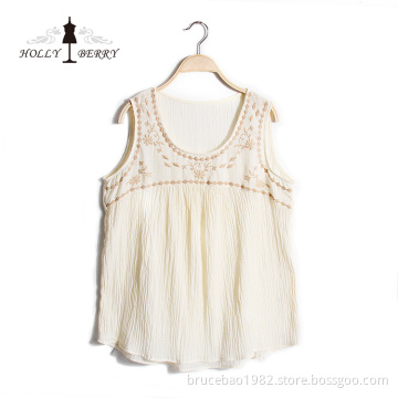Lightweight Summer Sleeveless Crewneck Ivory Embroidered Vest